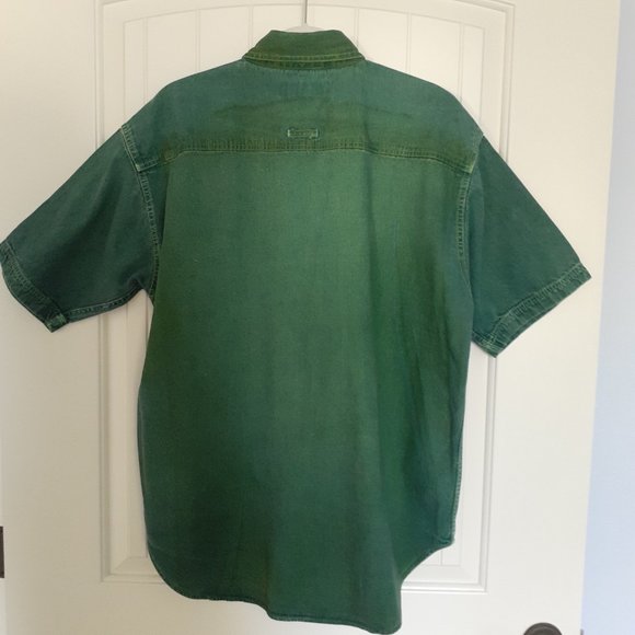 Vintage World Island Denim Button Up Short Sleeve Shirt with Green Dye Size L - Picture 2 of 15